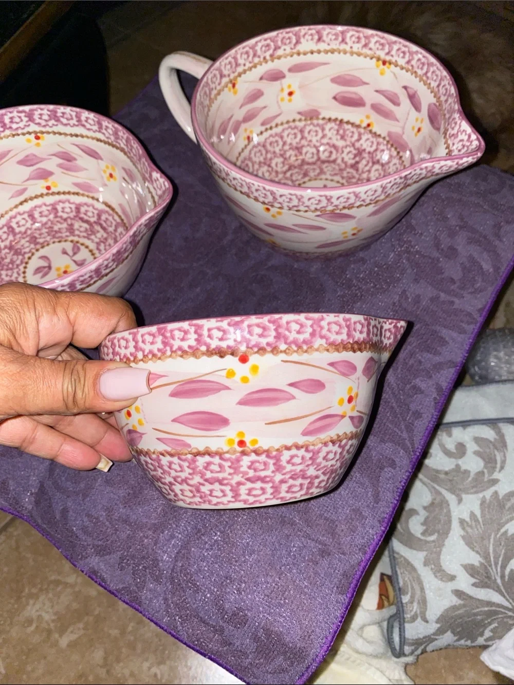 Temp-Tations 3PC Old World Pink Floral Mixing Bowls with Handle